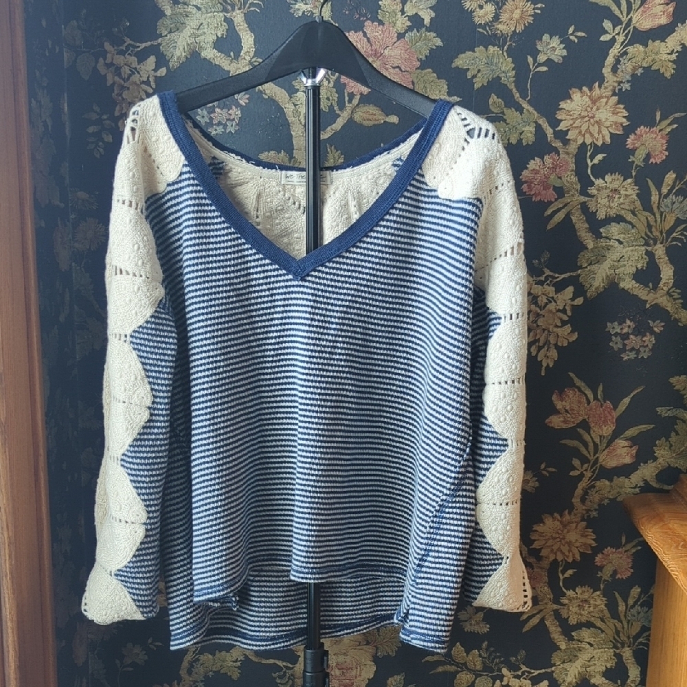 We The Free Stripe Deep Vneck Crochet Detail Sweater Oversized Size Small